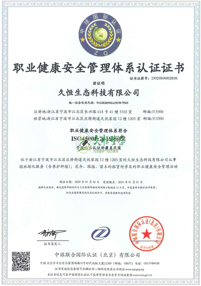 秀洲职业健康安全管理体系ISO45001证书